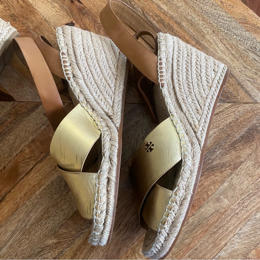 Tory Burch Black and Gold Espadrille Shoes with Cross-Strap Design - Picture 2 of 11